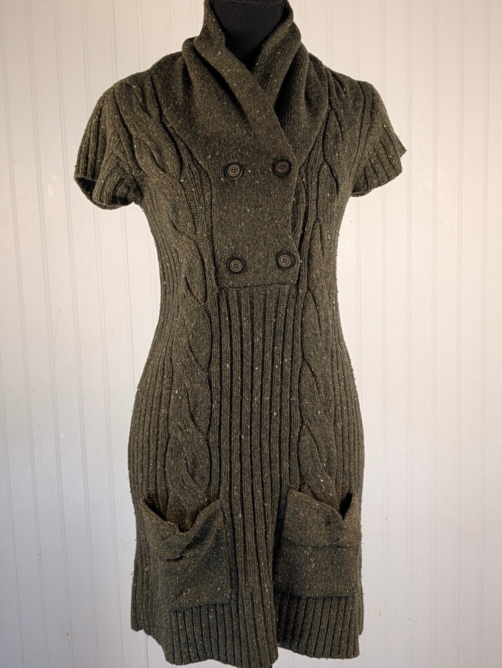 Ruff Hewn Olive Green Cable Knit Sweater Dress Tunic Pockets Size S